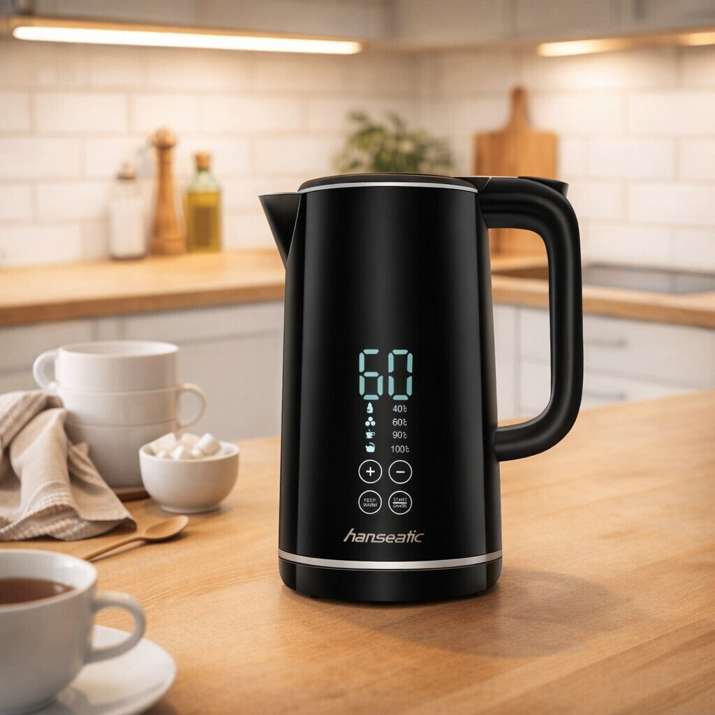 Електрическа кана Hanseatic 1.7L, 2200W, дигитален дисплей и контрол на температурата, черна