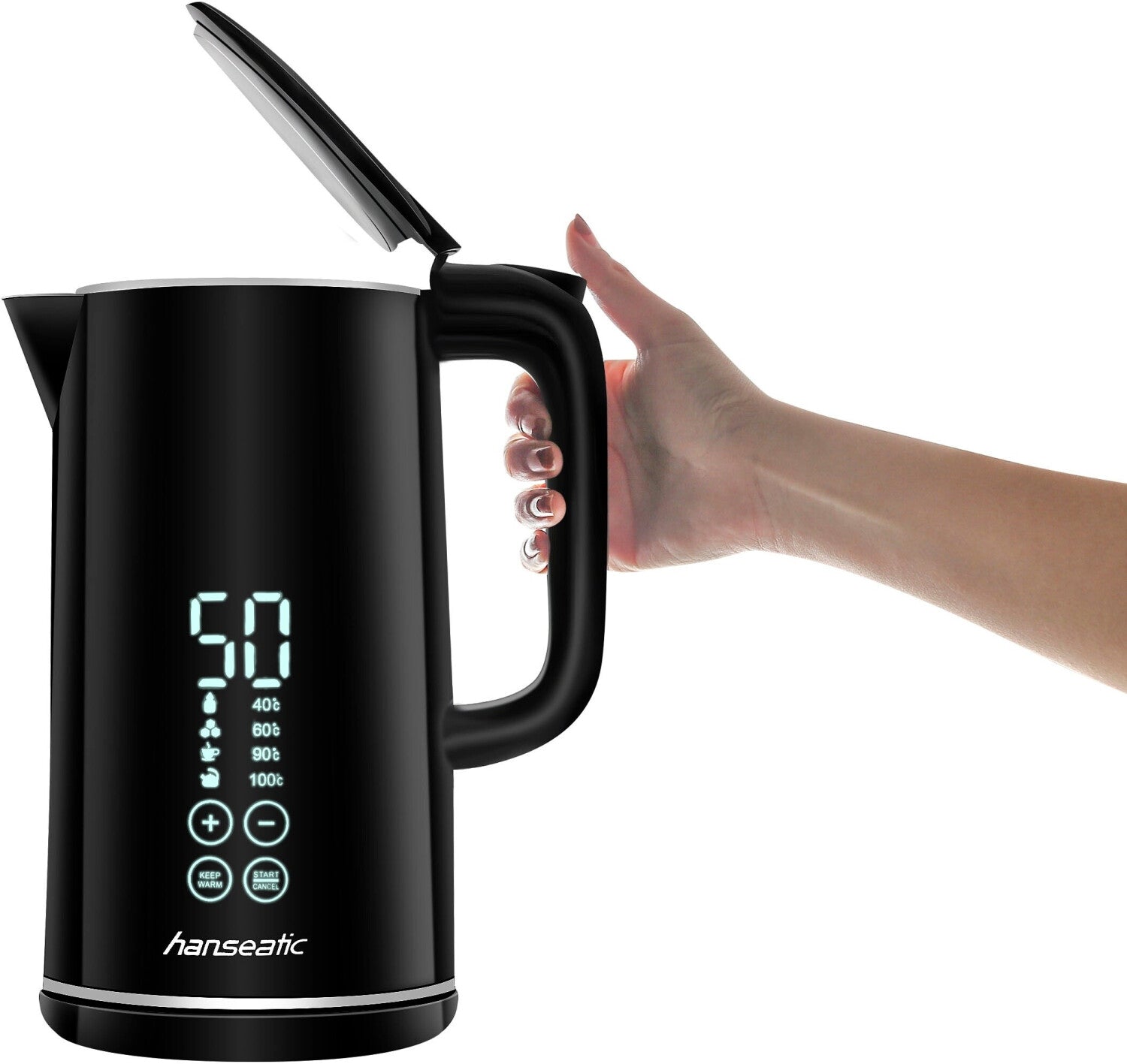 Електрическа кана Hanseatic 1.7L, 2200W, дигитален дисплей и контрол на температурата, черна