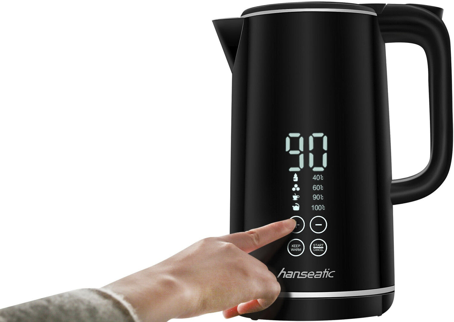 Електрическа кана Hanseatic 1.7L, 2200W, дигитален дисплей и контрол на температурата, черна