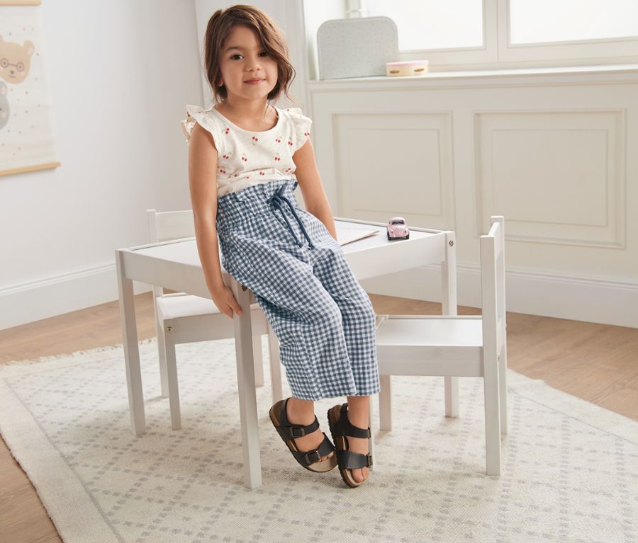 Детски панталон от памук и лен, сиво-бяло каре