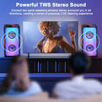 Караоке колона с 2 безжични микрофона, Bluetooth, 200W Peak, TWS и LED светлини