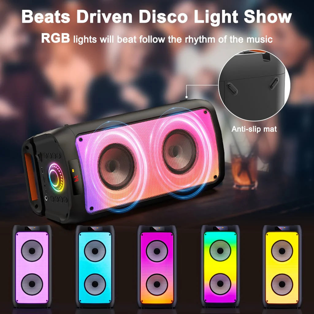 Караоке колона с 2 безжични микрофона, Bluetooth, 200W Peak, TWS и LED светлини