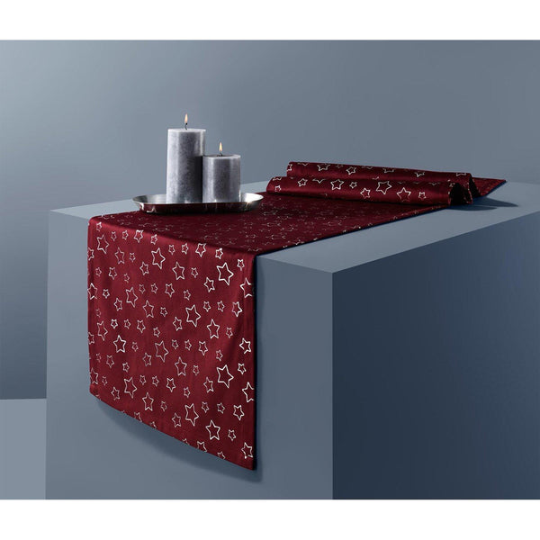 Кадифена покривка за маса, тъмно червена със сребристи звезди 40 x 180 см