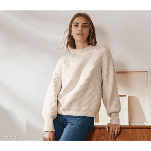 Плетен дамски пуловер с органичен памук, екрю, M 40/42