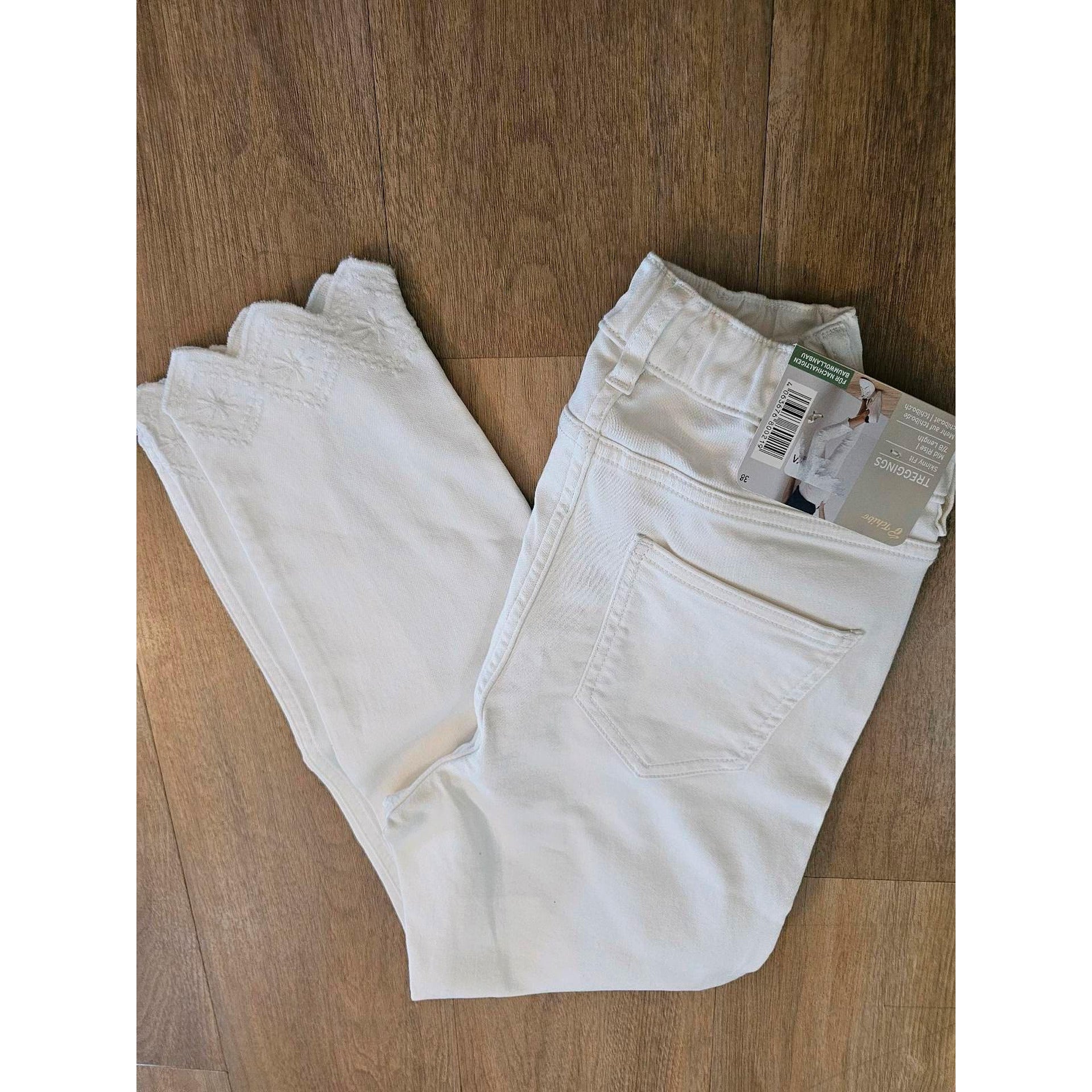 Прави тесни памучни дънки дължина 7/8, бели с бродерия на крачола, 36