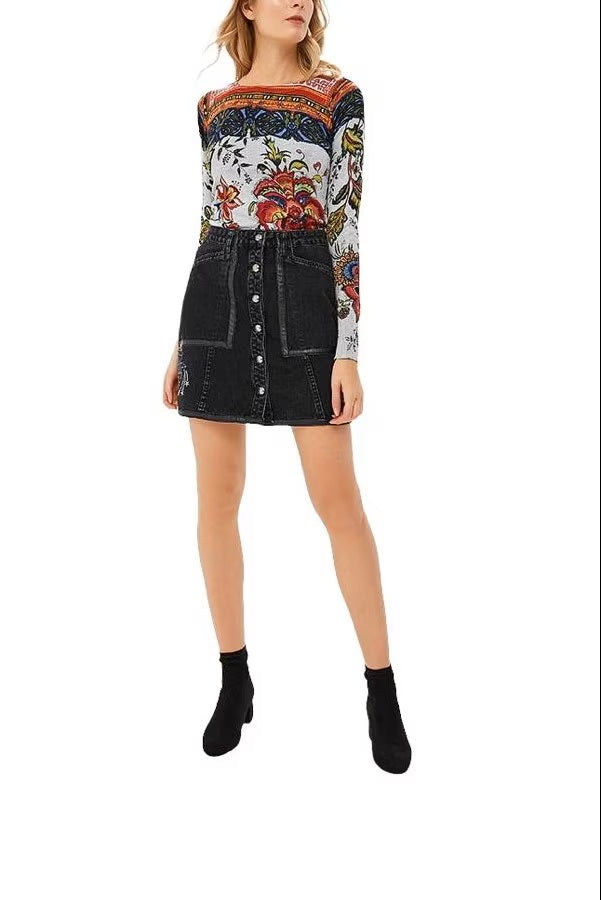 Дамска дънкова пола Desigual Exotic Jeans, черна с щампа