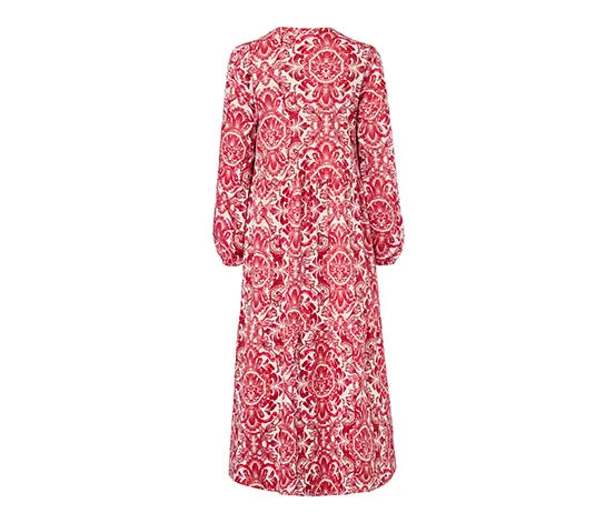 Макси дамска рокля с волани шарена, червена, 48