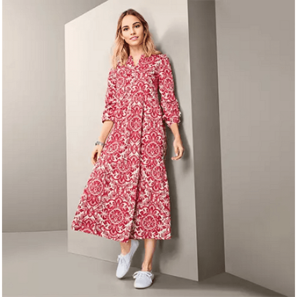 Макси дамска рокля с волани шарена, червена, 48