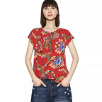Desigual Women's summer blouse with asymmetric collar. red with flower print