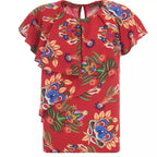 Desigual Women's summer blouse with asymmetric collar. red with flower print