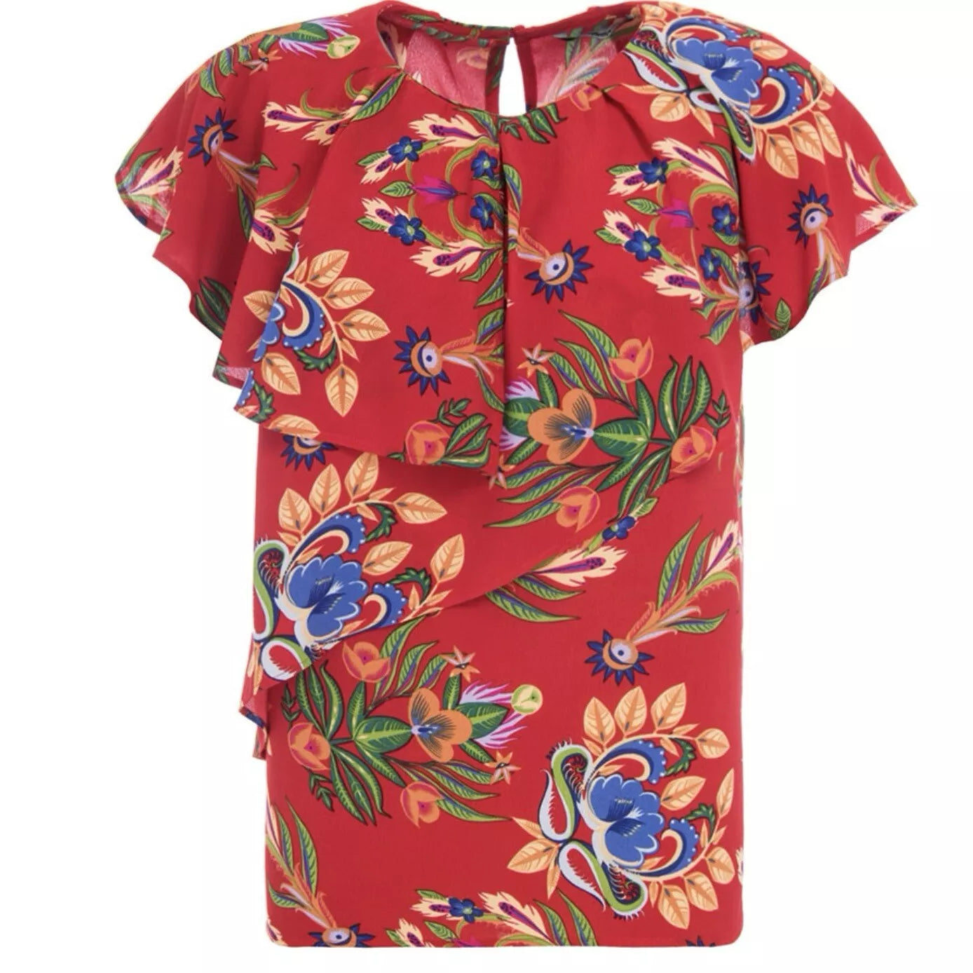 Desigual Women's summer blouse with asymmetric collar. red with flower print