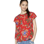 Desigual Women's summer blouse with asymmetric collar. red with flower print
