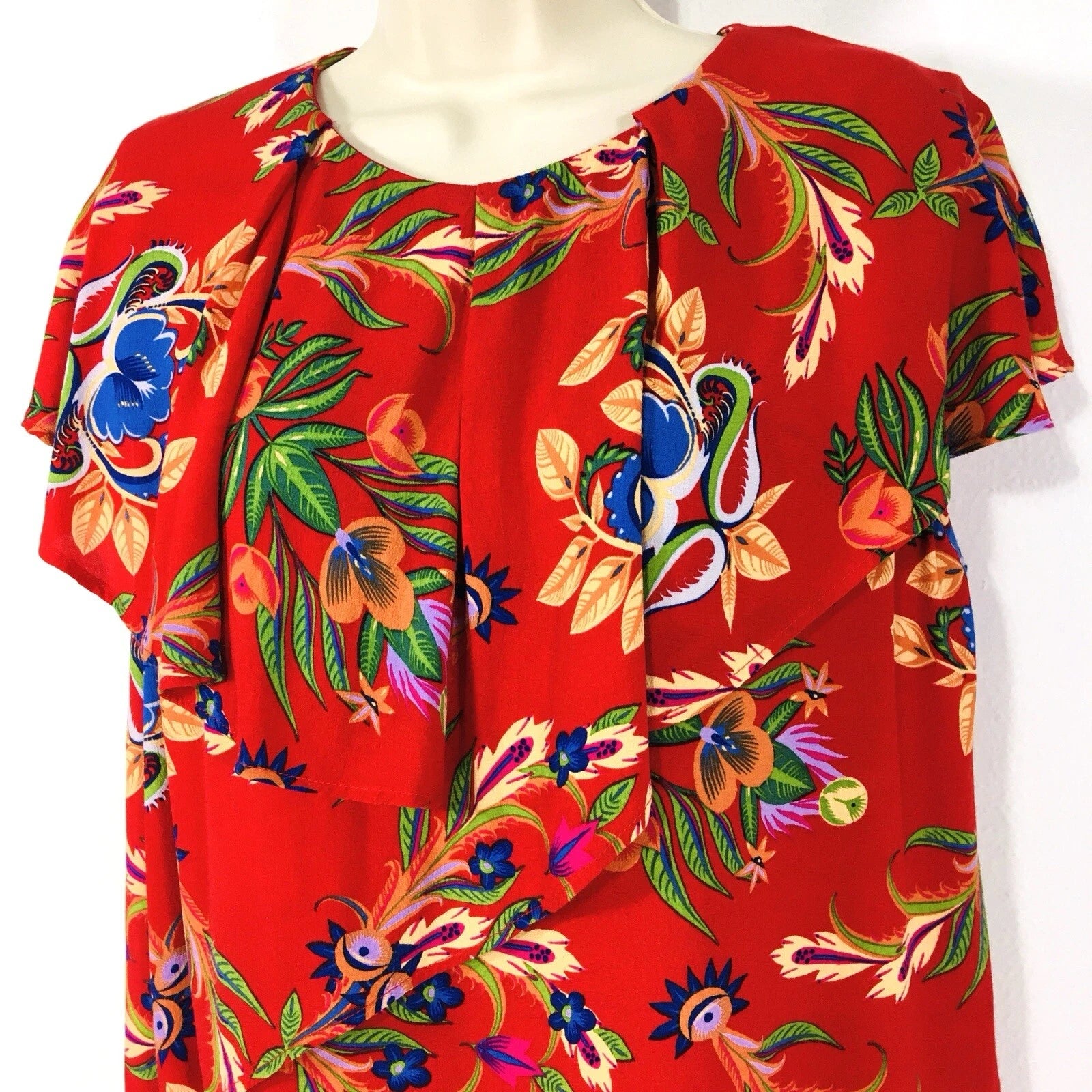 Desigual Women's summer blouse with asymmetric collar. red with flower print