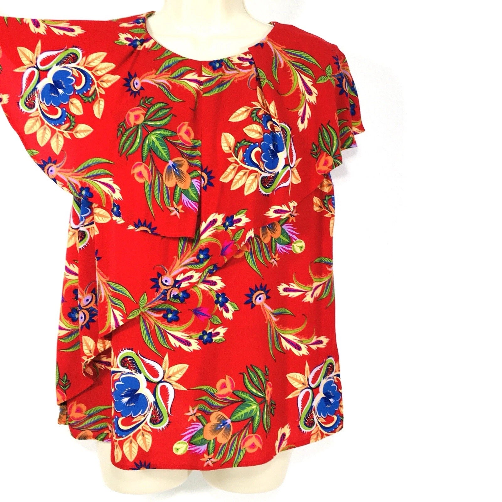 Desigual Women's summer blouse with asymmetric collar. red with flower print