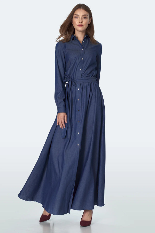 Nife Дамска памучна дънкова дълга рокля, синя